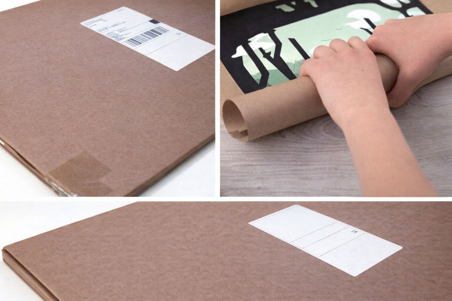 Hände rollen einen Kunstdruck in braunes Packpapier für den Versand ein.