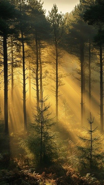 Sonnenstrahlen durch hohe Kiefern in einem dunstigen Wald