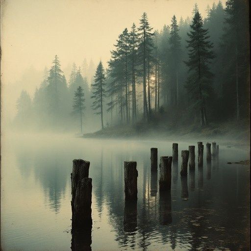 Nebeliger See mit Kiefernwald und alten Holzpfählen im Morgenlicht